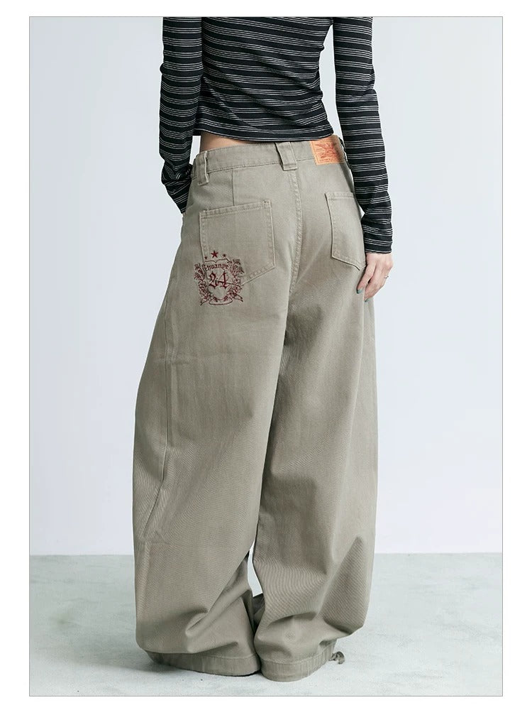 NABOUN Washed Double-Pleat Embroidered Wide-Leg Pants
