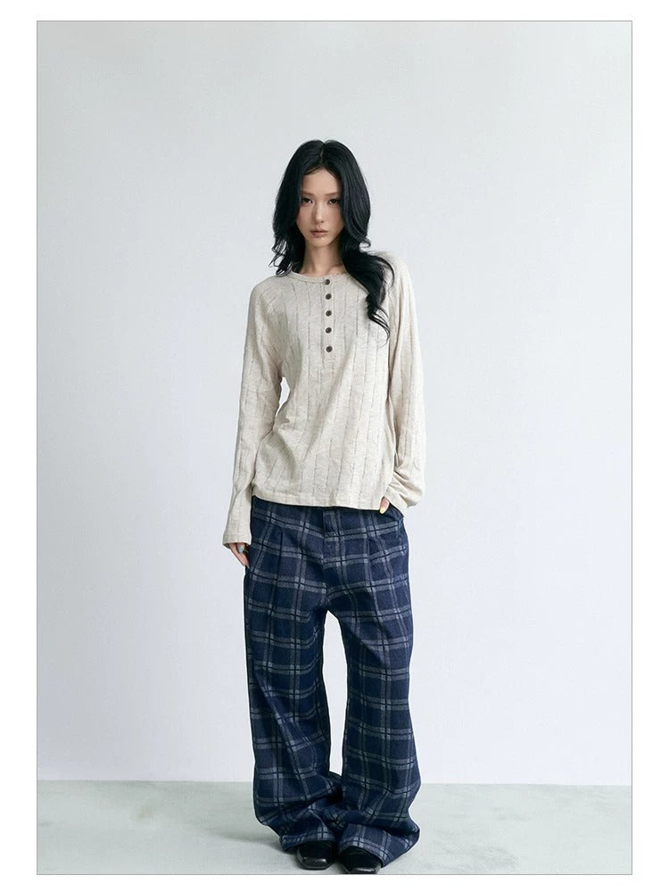 NABOUN Vintage Contrast Plaid Wide-Leg Pants