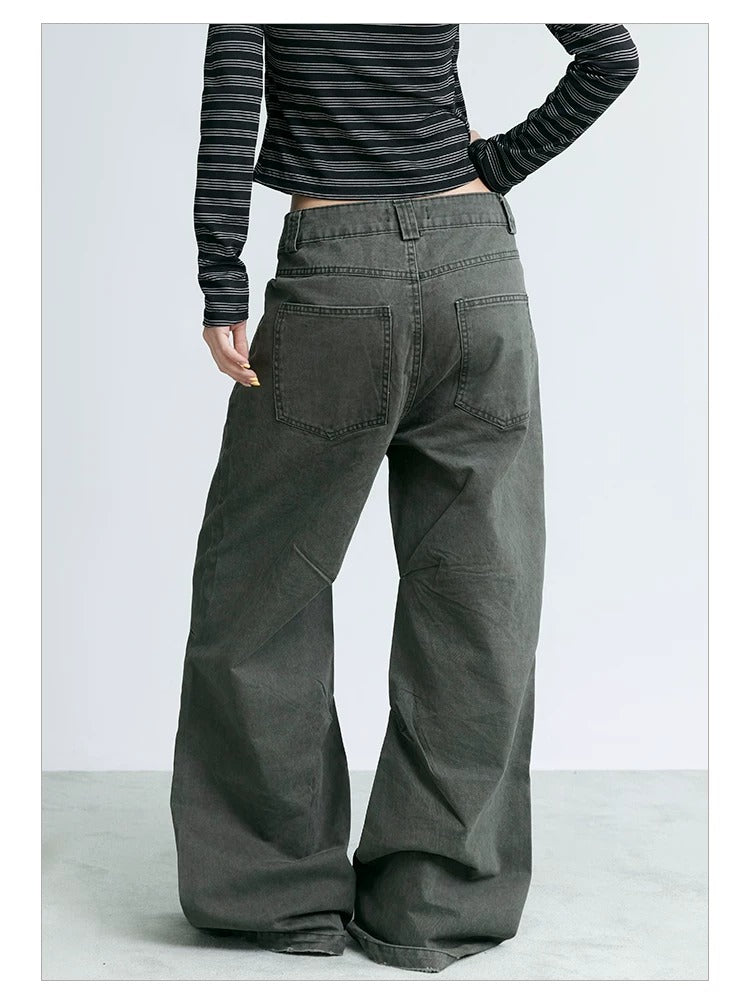 NABOUN Washed Army Green Clean-Fit Wide-Leg Pants