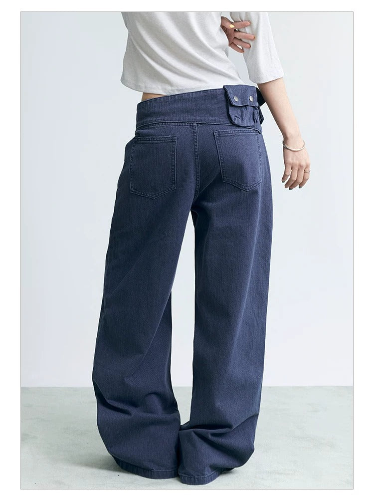 NABOUN Washed Blue Detachable Waist-Bag Straight-Leg Pants