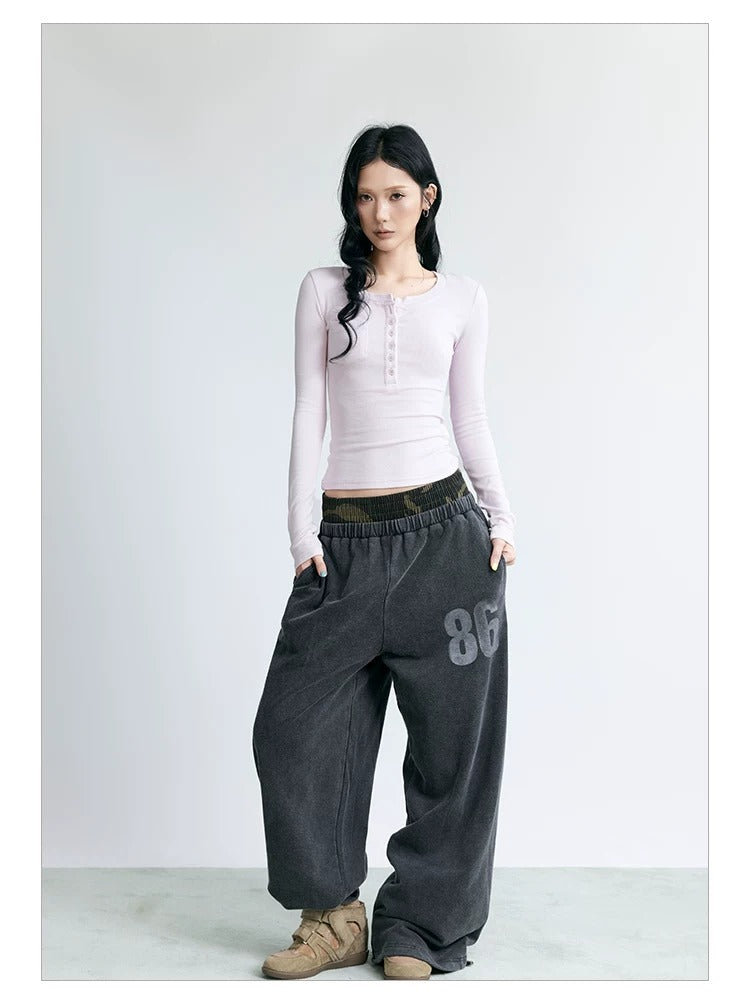 NABOUN Double-Waist Number Print Wide-Leg Sweatpants