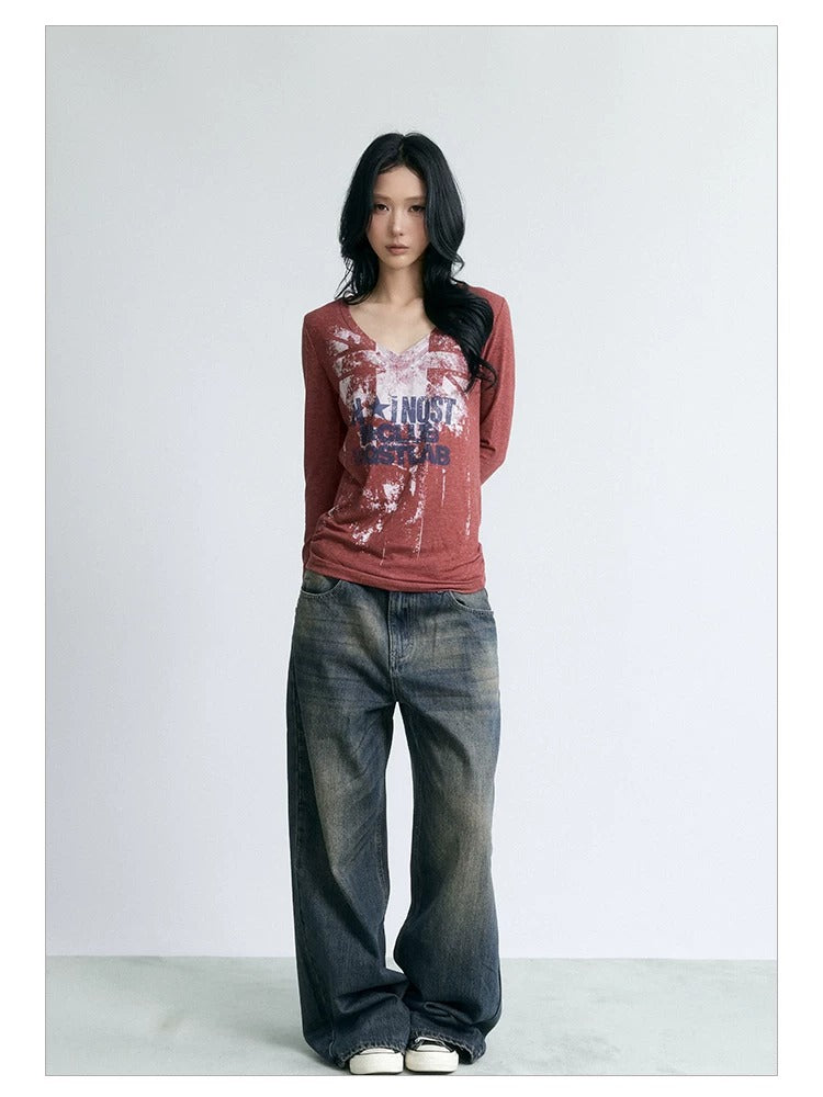 NABOUN Vintage Washed Star Print Wide-Leg Jeans