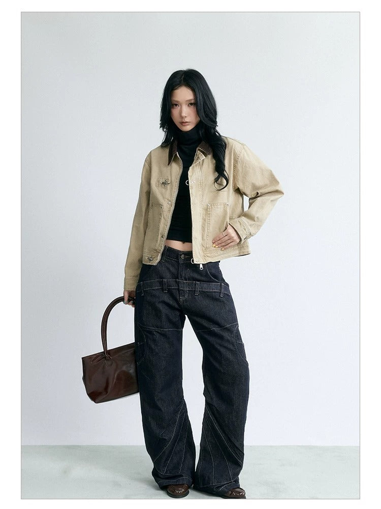 NABOUN Deconstructed Contrast-Stitch Straight-Leg Jeans