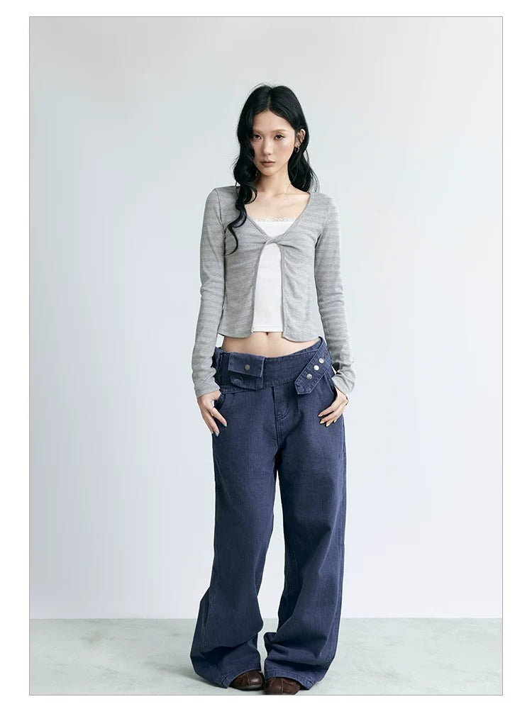 NABOUN Washed Blue Detachable Waist-Bag Straight-Leg Pants