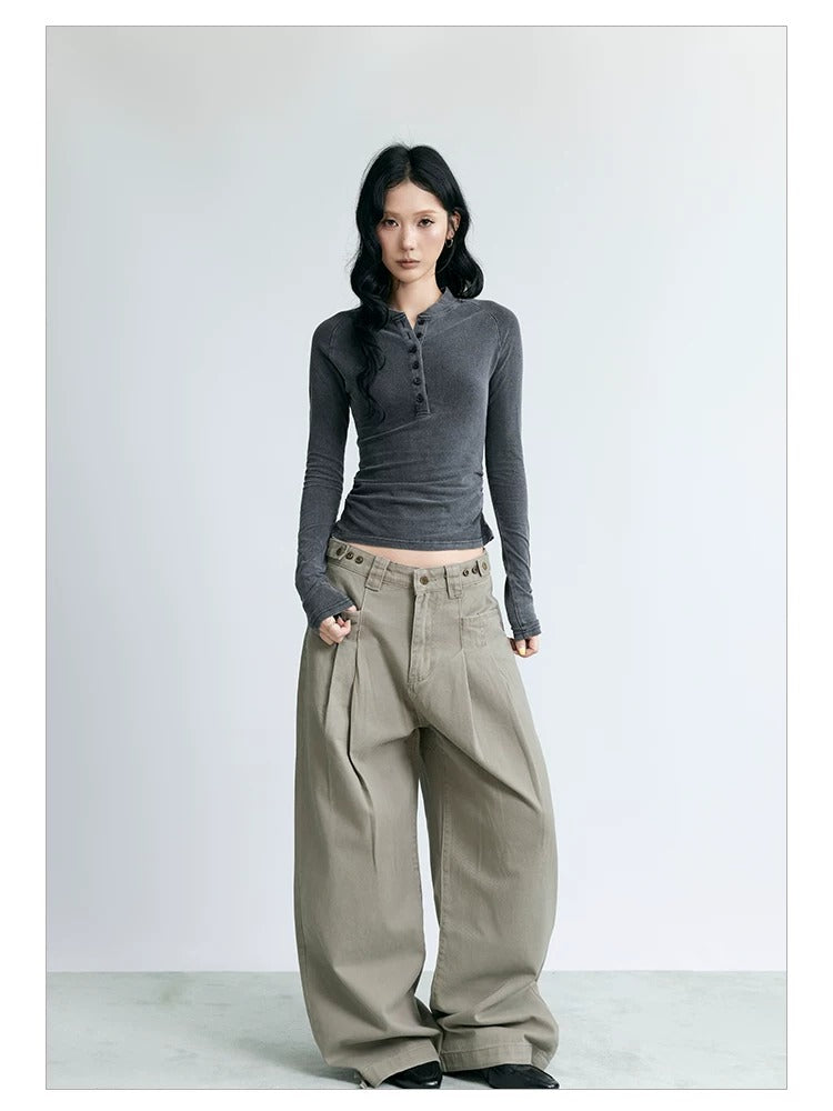 NABOUN Washed Double-Pleat Embroidered Wide-Leg Pants