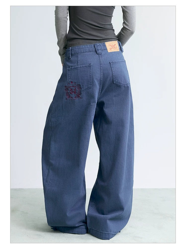 NABOUN Washed Double-Pleat Embroidered Wide-Leg Pants