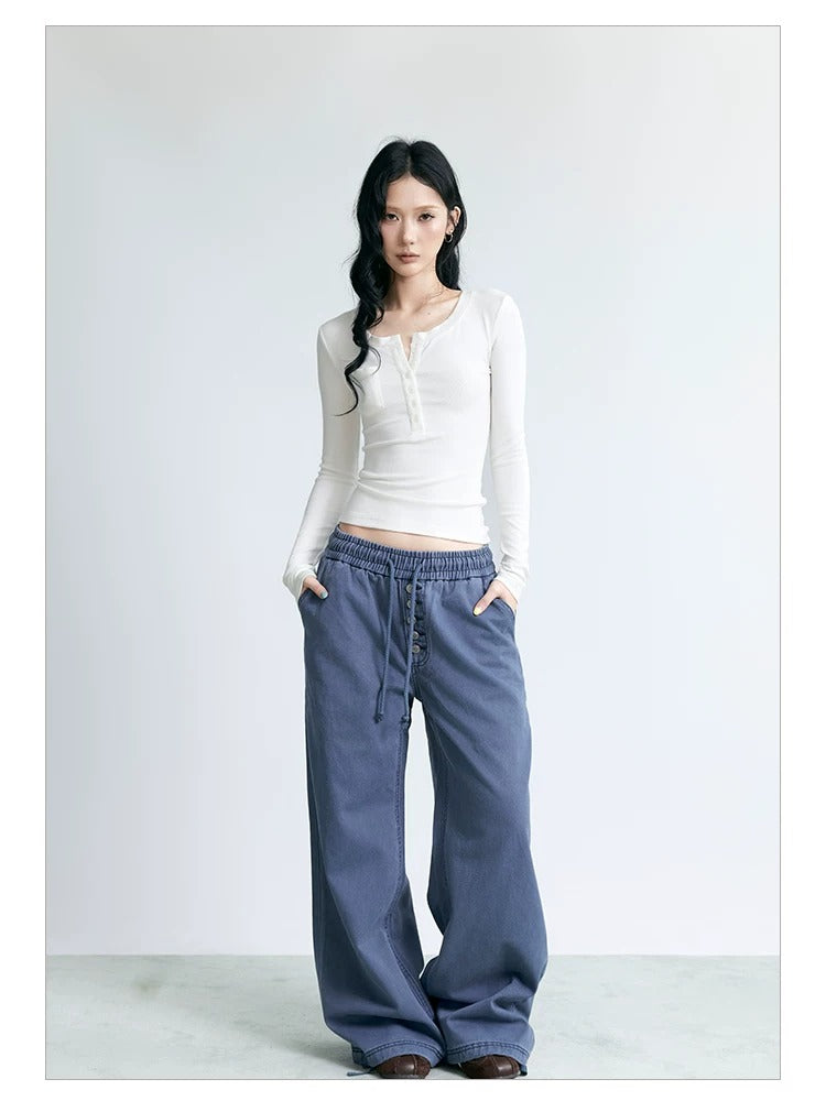 NABOUN Washed Button-Detail Wide-Leg Pants
