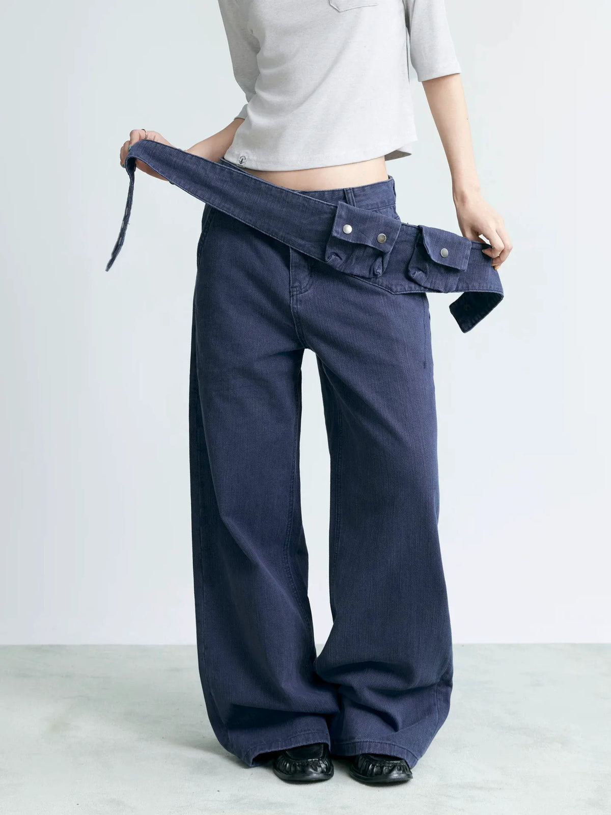NABOUN Washed Blue Detachable Waist-Bag Straight-Leg Pants