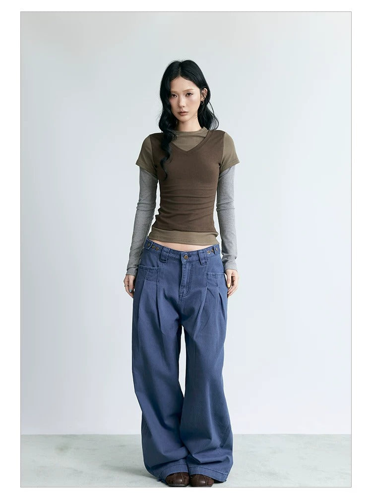 NABOUN Washed Double-Pleat Embroidered Wide-Leg Pants