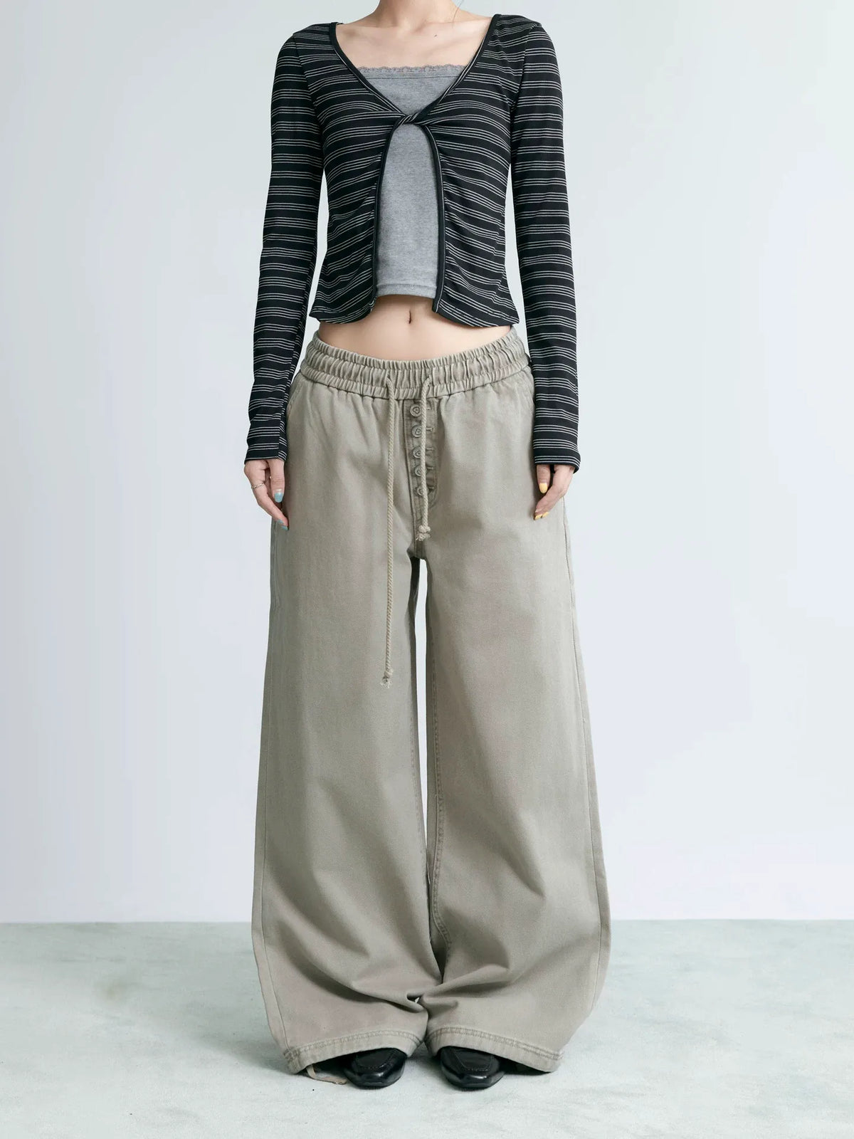 NABOUN Washed Button-Detail Wide-Leg Pants