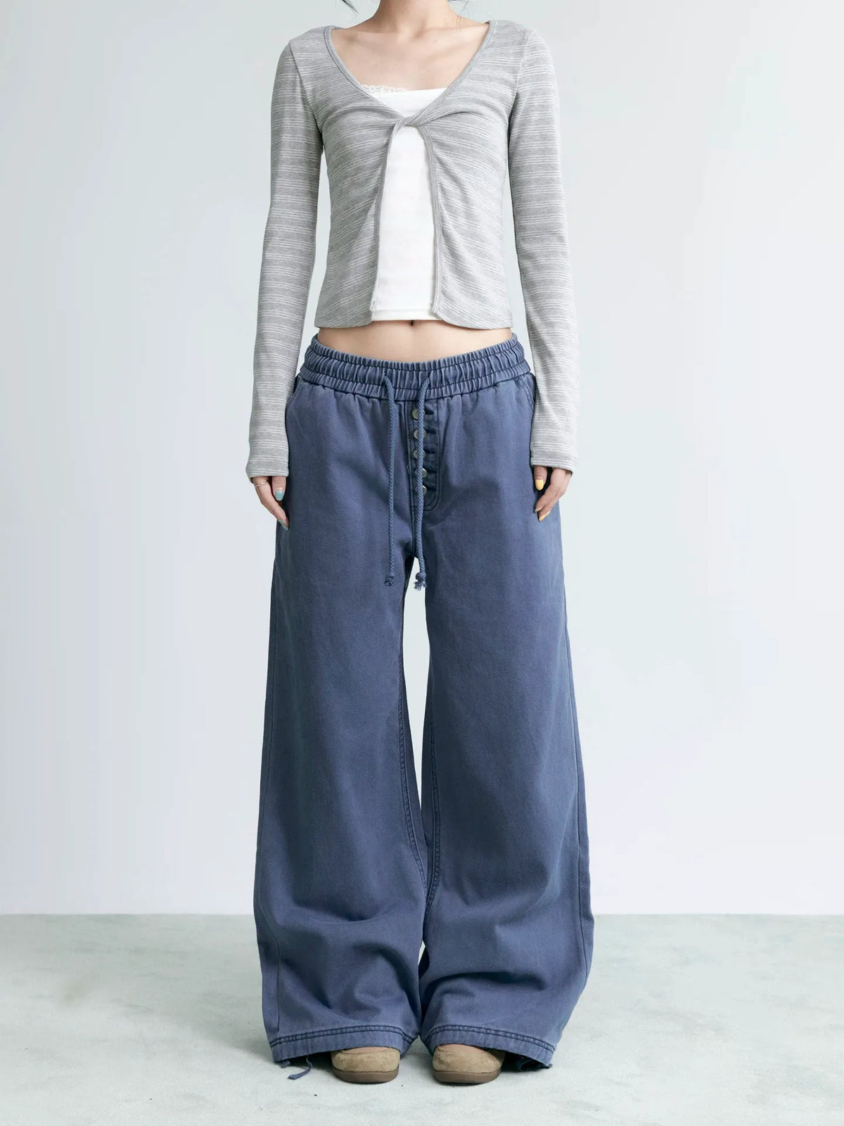 NABOUN Washed Button-Detail Wide-Leg Pants