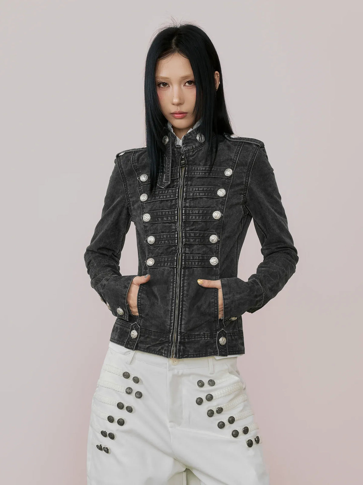 NABOUN Napoleon Double-Breasted Washed Stand-Collar Jacket
