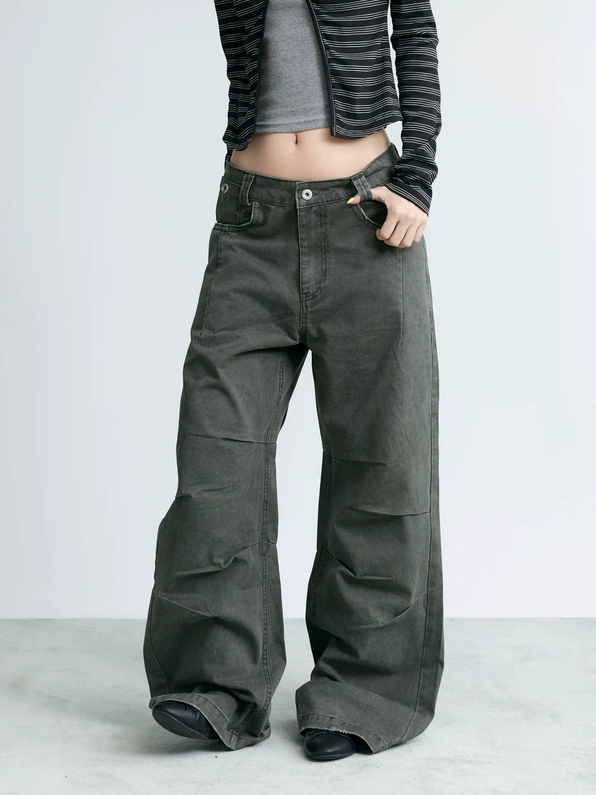 NABOUN Washed Army Green Clean-Fit Wide-Leg Pants
