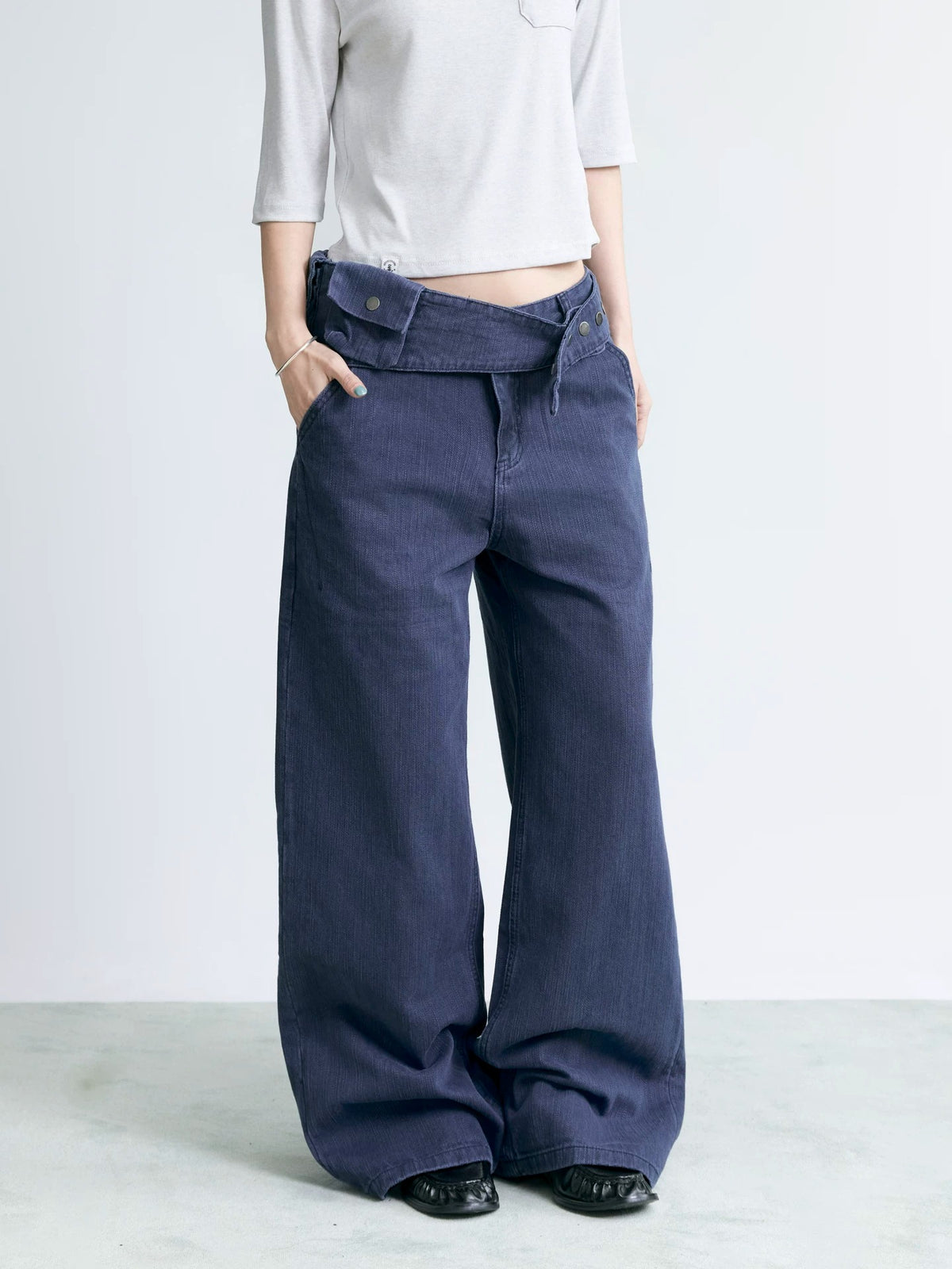 NABOUN Washed Blue Detachable Waist-Bag Straight-Leg Pants
