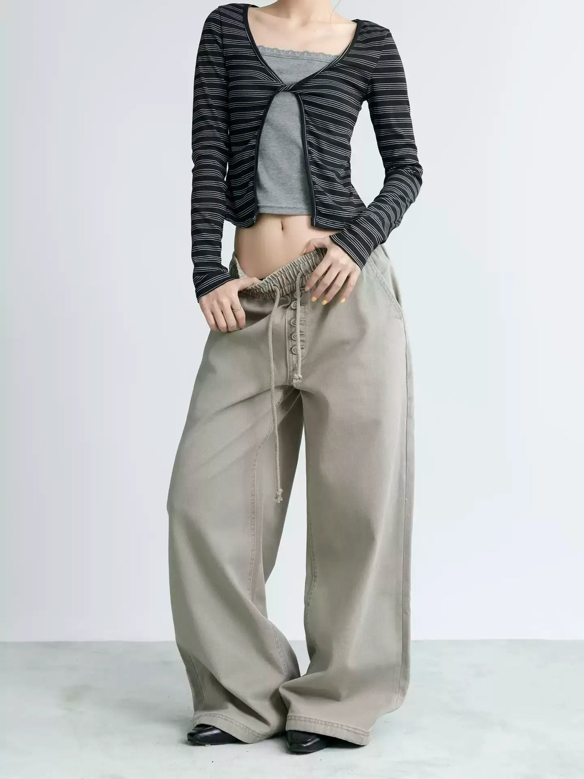 NABOUN Washed Button-Detail Wide-Leg Pants