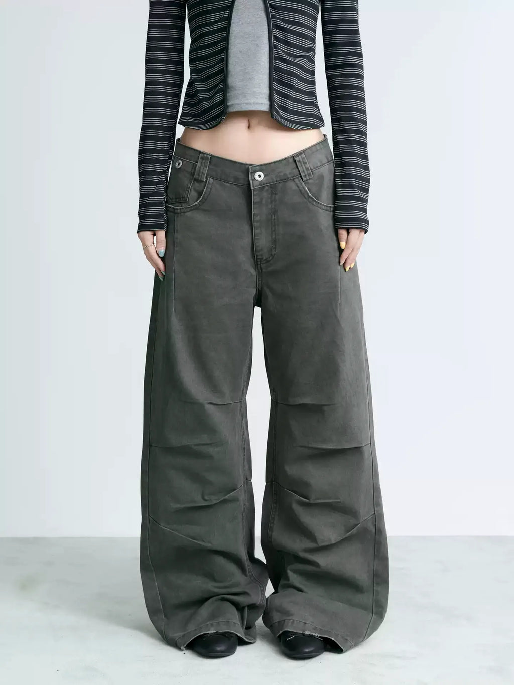NABOUN Washed Army Green Clean-Fit Wide-Leg Pants