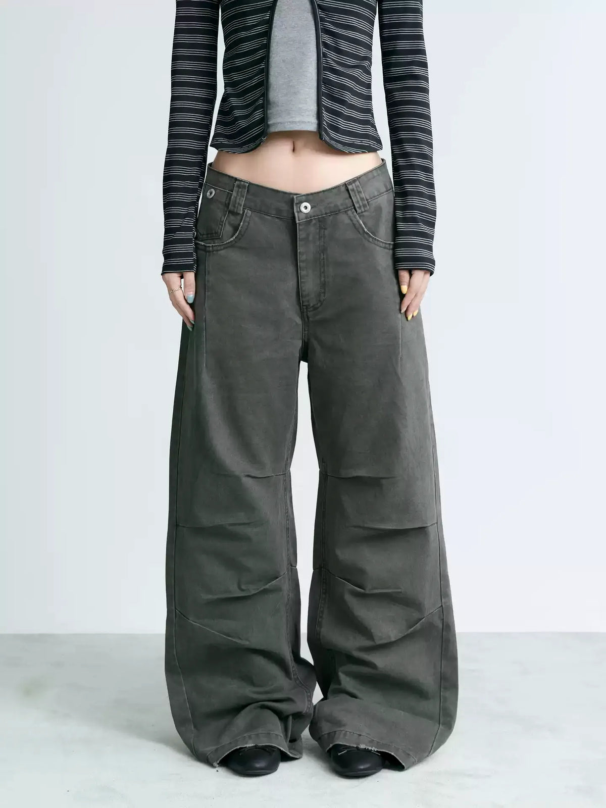 NABOUN Washed Army Green Clean-Fit Wide-Leg Pants