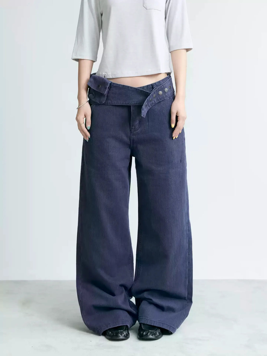 NABOUN Washed Blue Detachable Waist-Bag Straight-Leg Pants