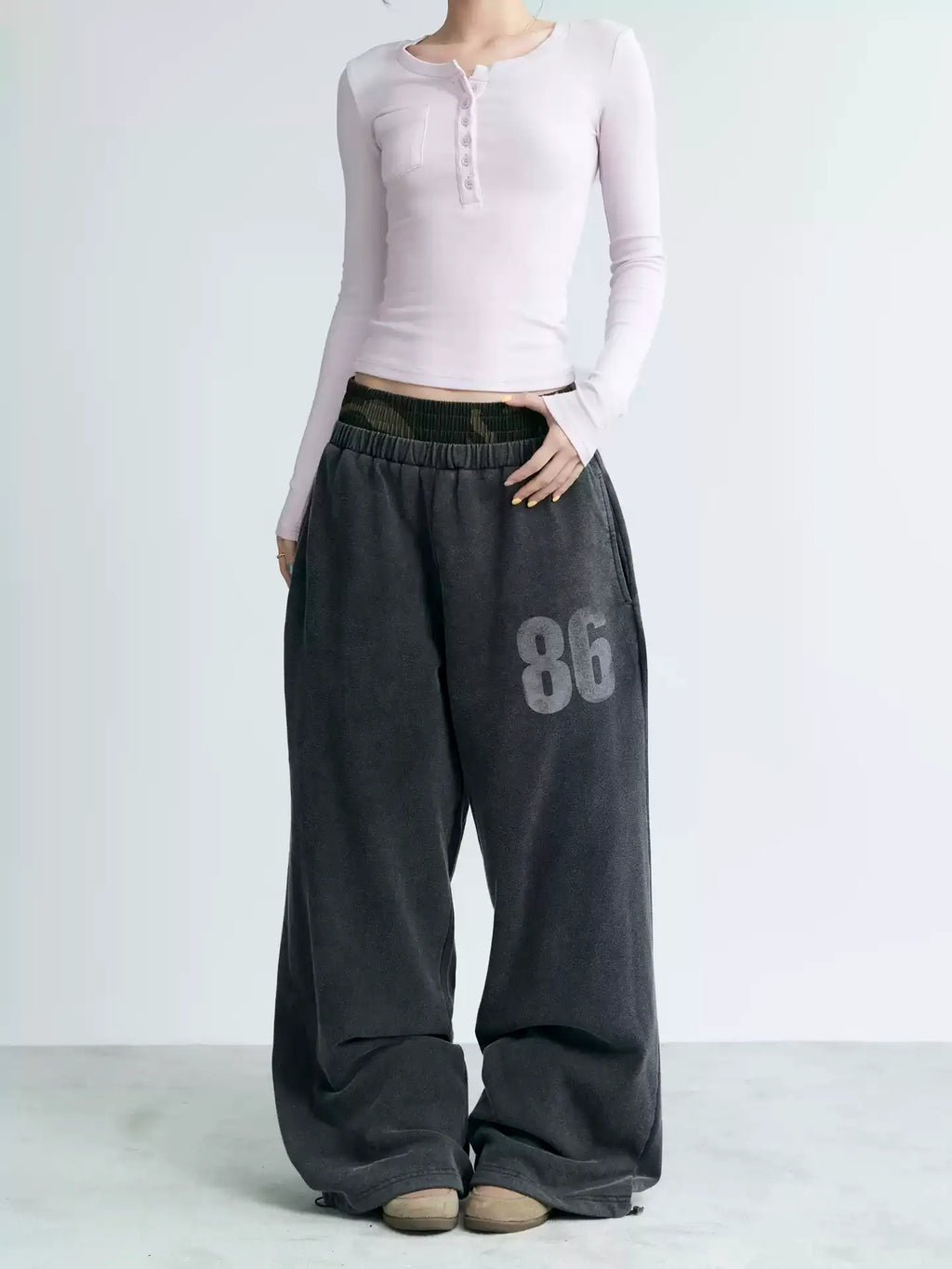 NABOUN Double-Waist Number Print Wide-Leg Sweatpants