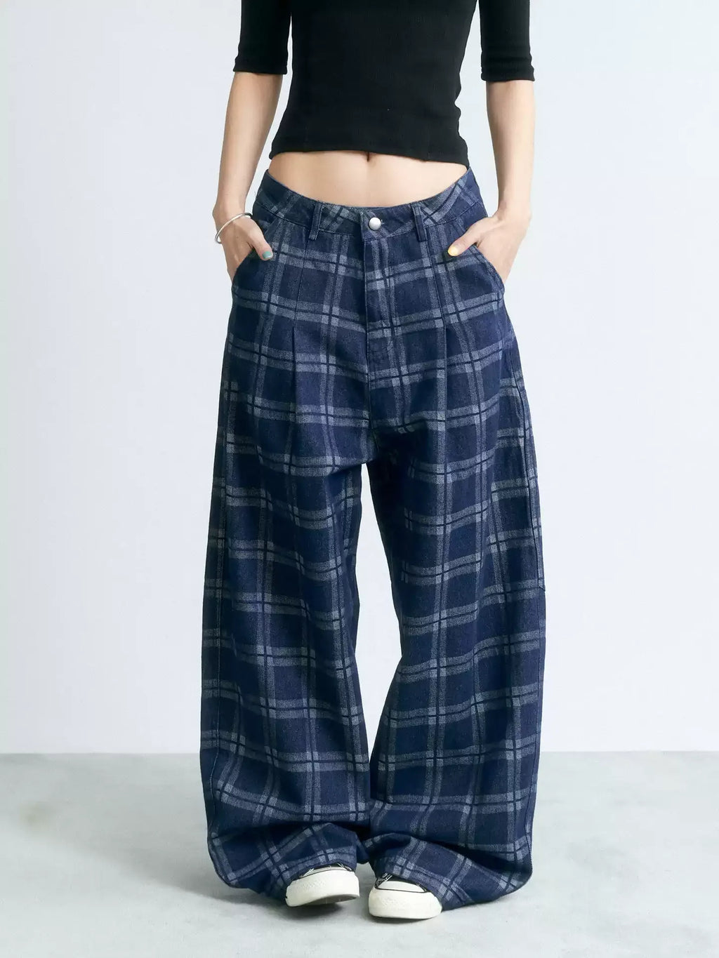 NABOUN Vintage Contrast Plaid Wide-Leg Pants