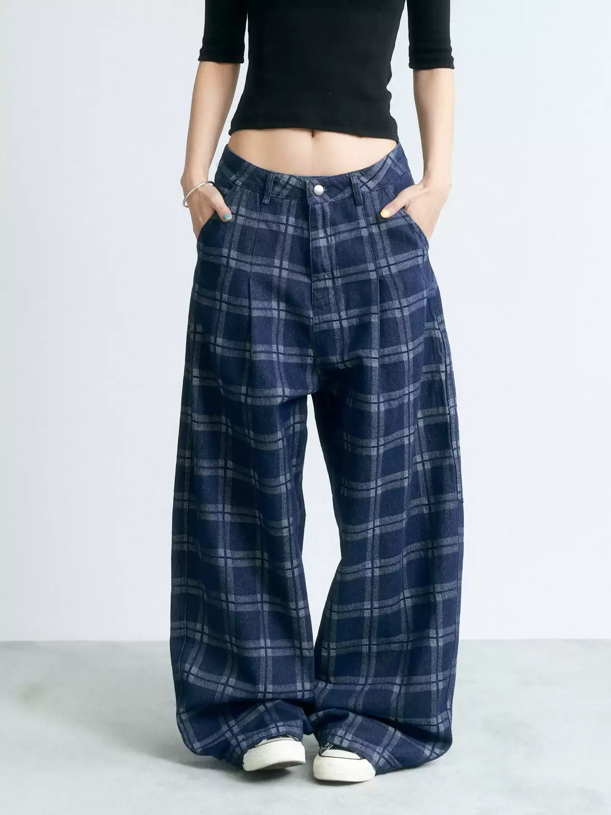 NABOUN Vintage Contrast Plaid Wide-Leg Pants