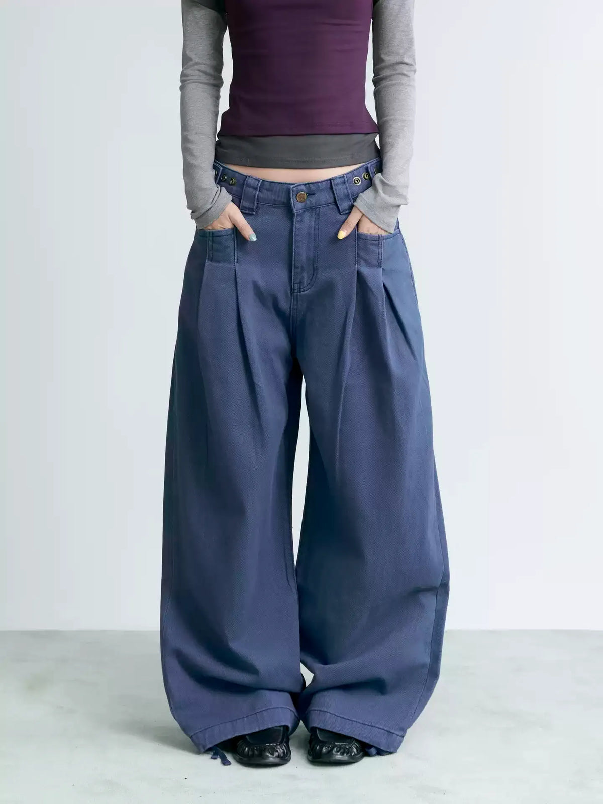 NABOUN Washed Double-Pleat Embroidered Wide-Leg Pants