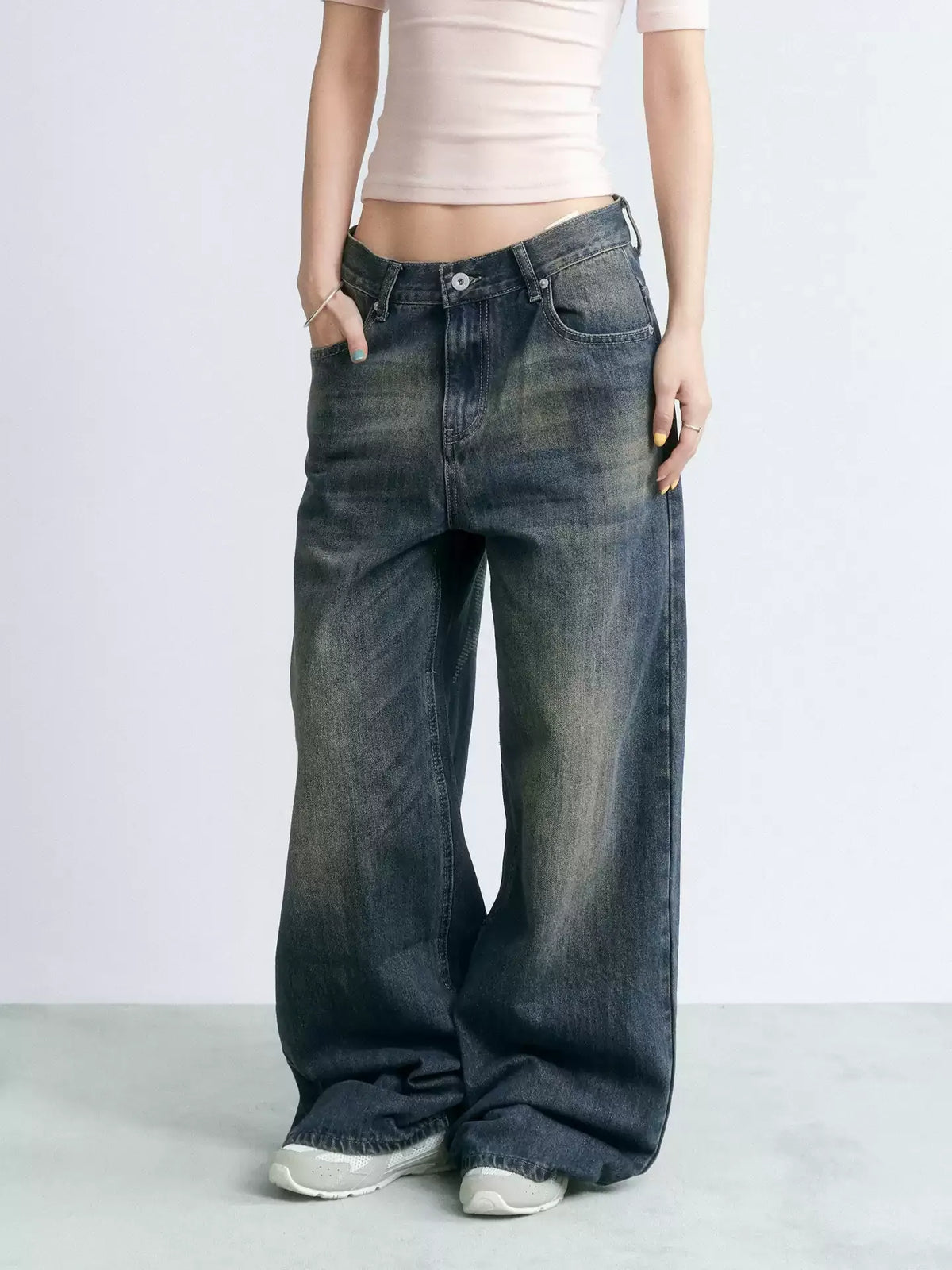 NABOUN Vintage Washed Star Print Wide-Leg Jeans
