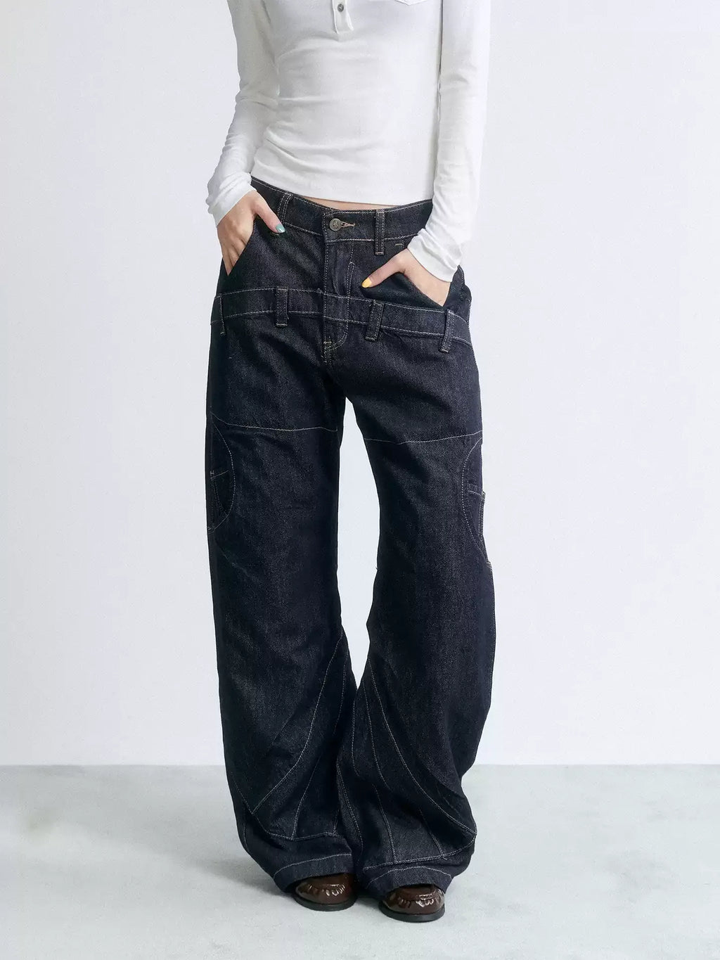 NABOUN Deconstructed Contrast-Stitch Straight-Leg Jeans