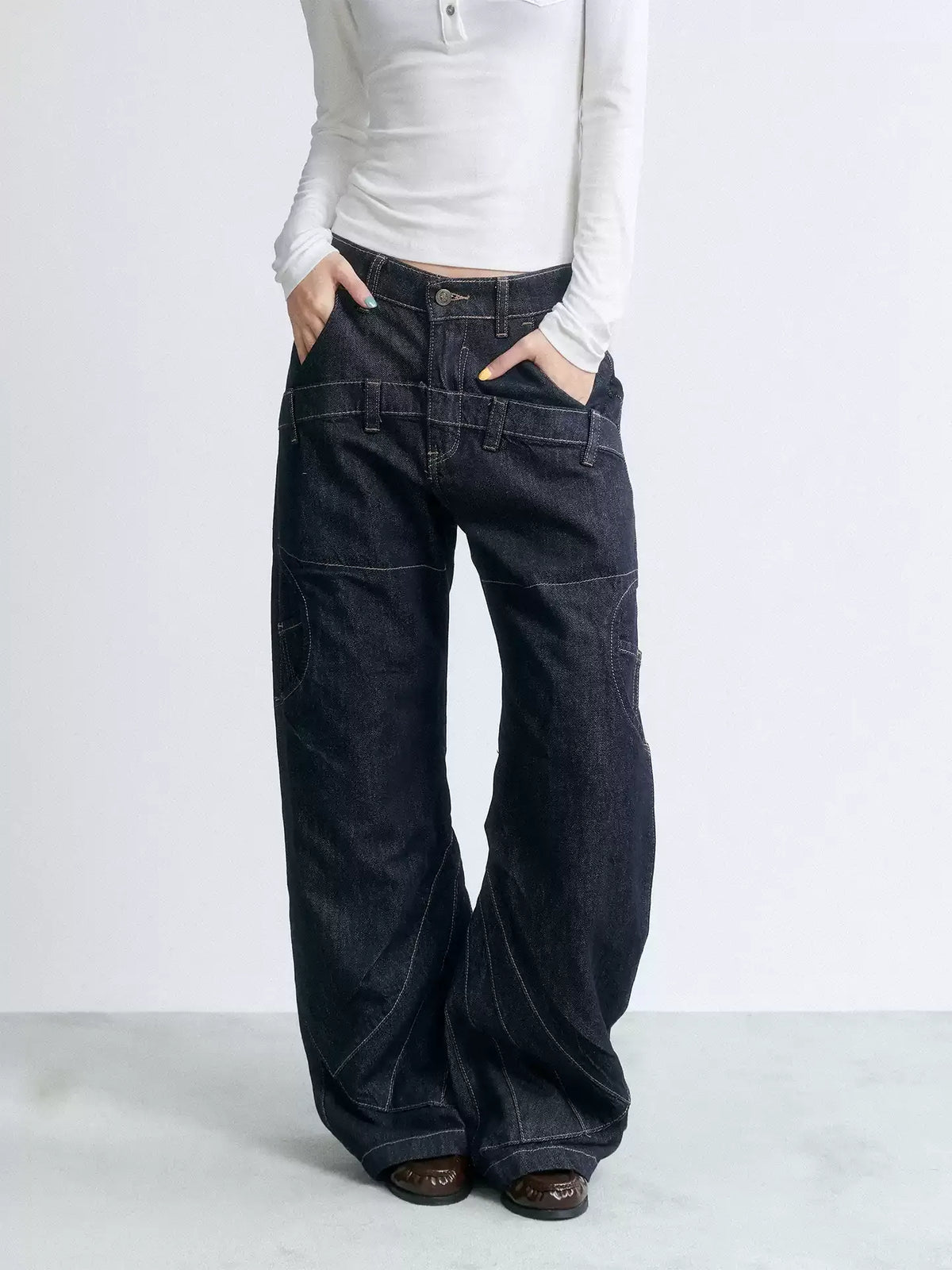 NABOUN Deconstructed Contrast-Stitch Straight-Leg Jeans