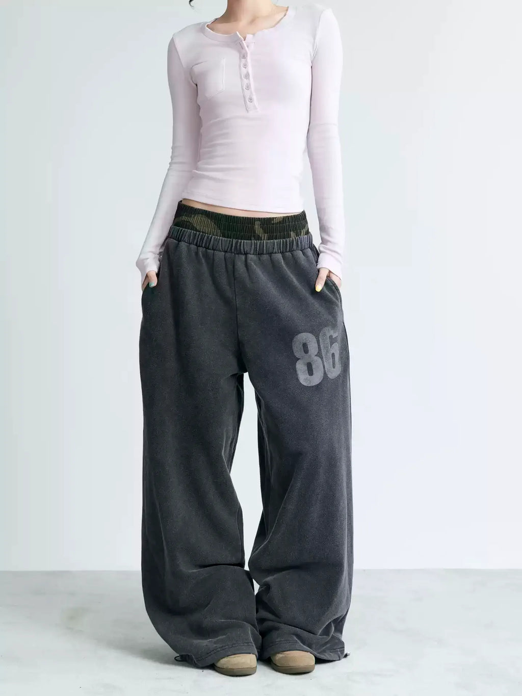 NABOUN Double-Waist Number Print Wide-Leg Sweatpants