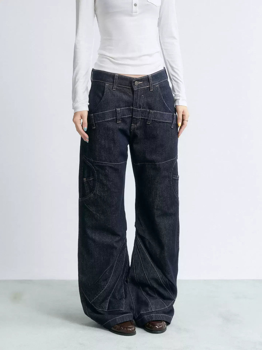 NABOUN Deconstructed Contrast-Stitch Straight-Leg Jeans