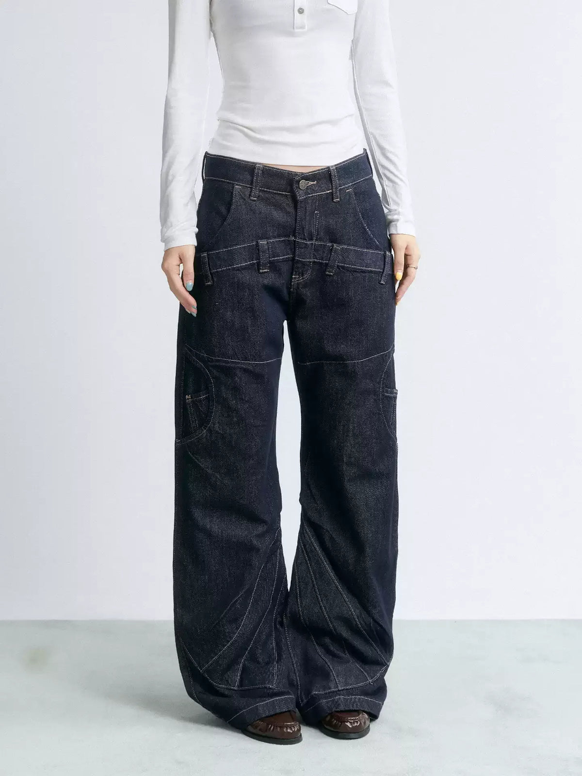 NABOUN Deconstructed Contrast-Stitch Straight-Leg Jeans