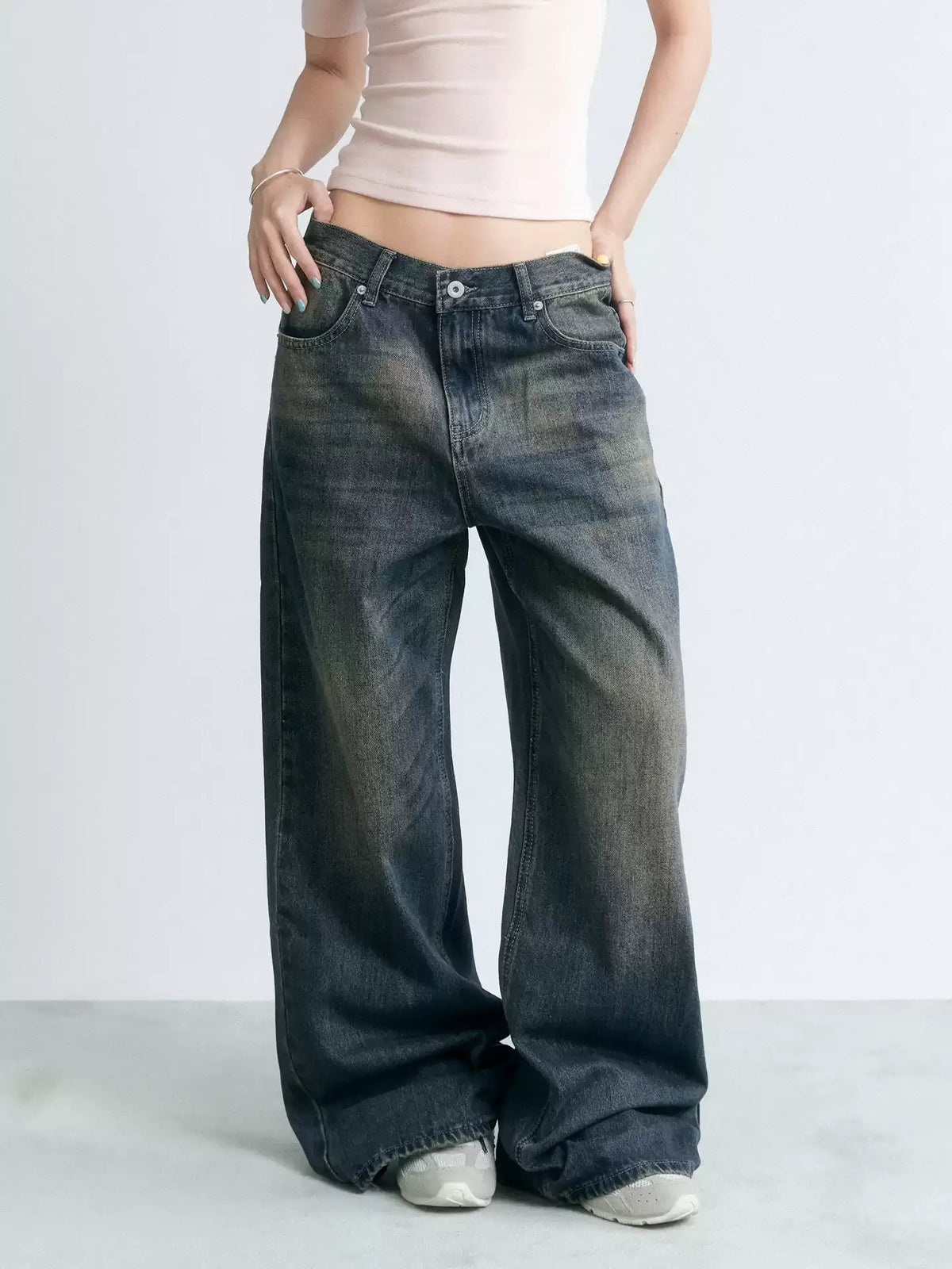 NABOUN Vintage Washed Star Print Wide-Leg Jeans