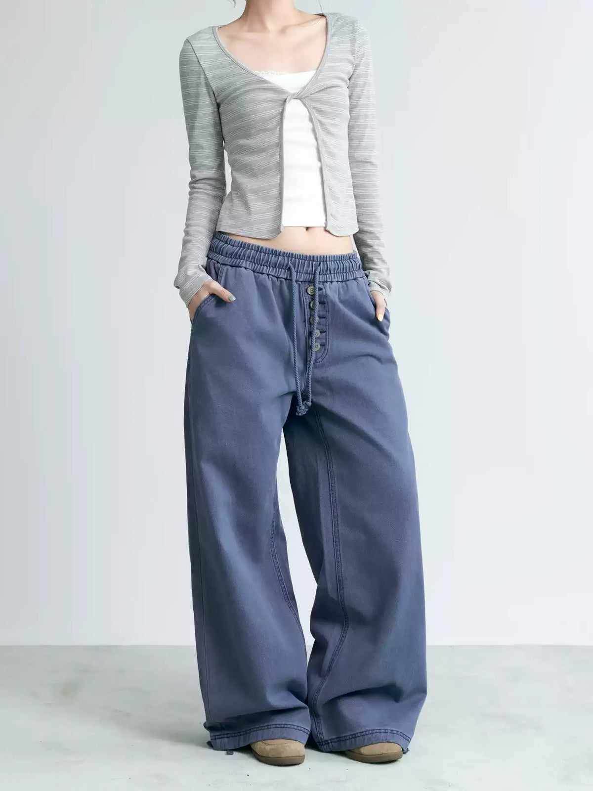 NABOUN Washed Button-Detail Wide-Leg Pants