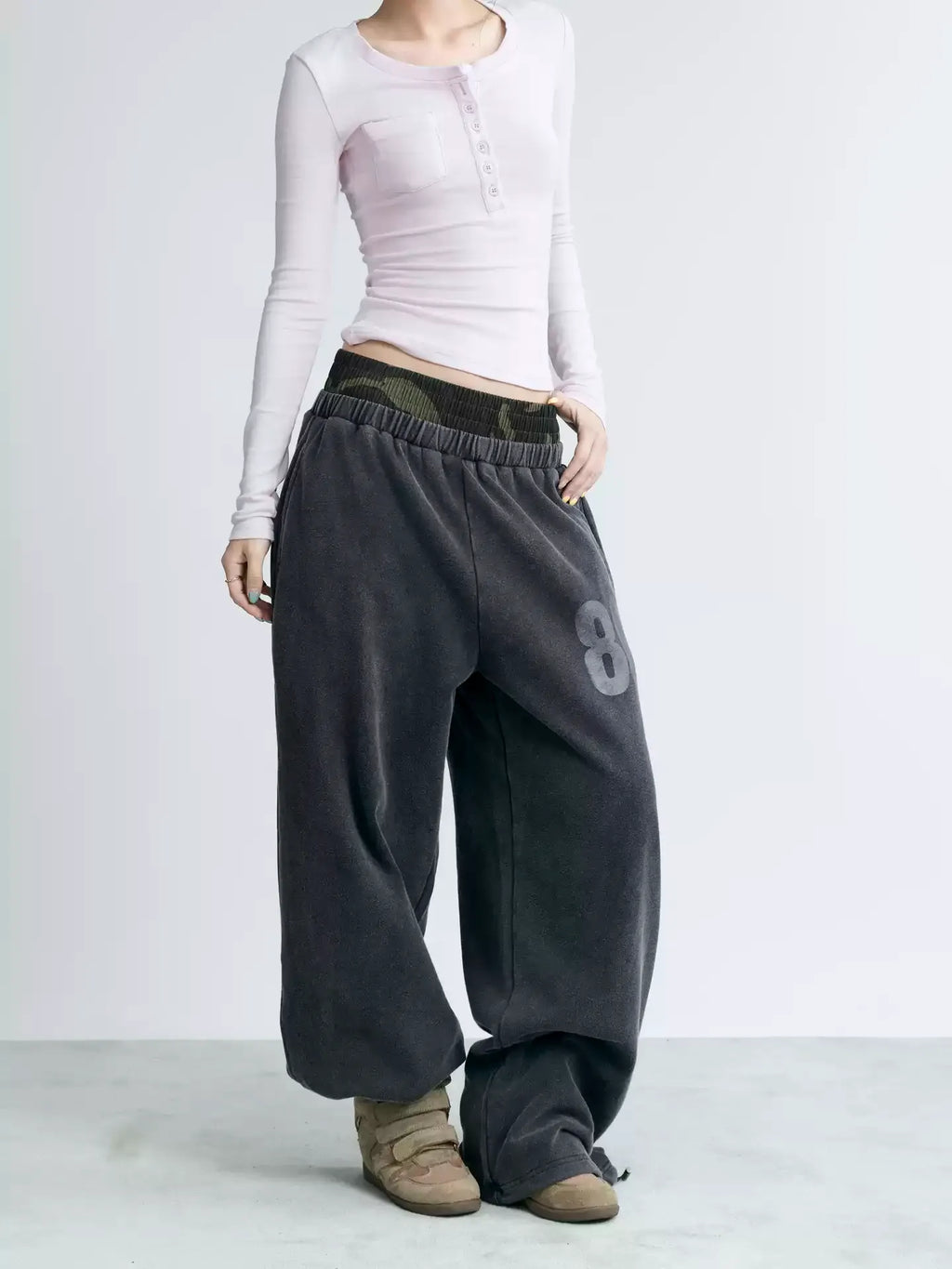 NABOUN Double-Waist Number Print Wide-Leg Sweatpants