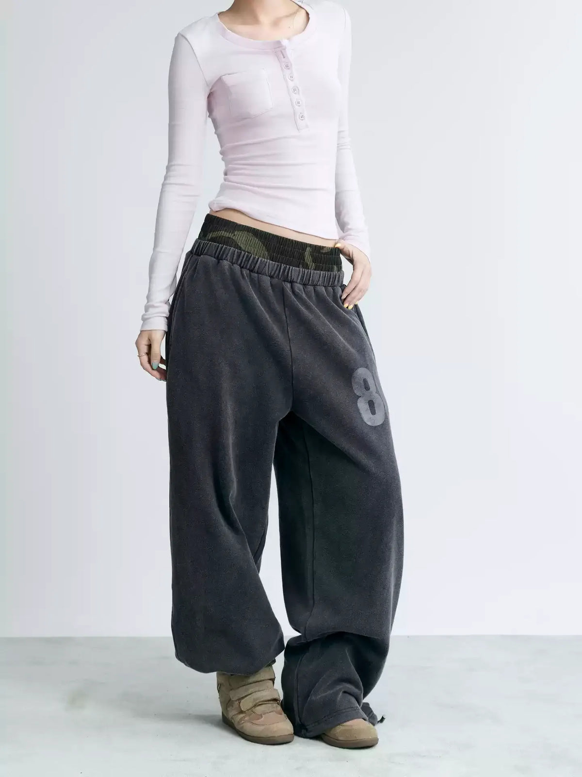 NABOUN Double-Waist Number Print Wide-Leg Sweatpants